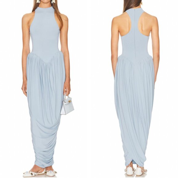 Helsa The Duchess Jersey Midi Dress XSmall Summer Sky Blue Knit Cocktail Party - Picture 3 of 11